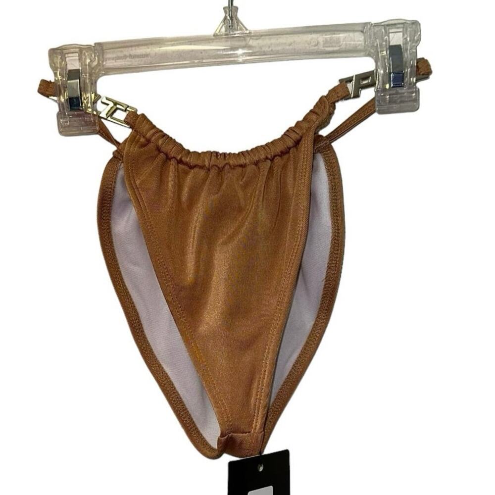 NWT PrettyLittleThing Mocha Ruched Tanga Bikini Bottoms Size 2 Chain Strap Swim